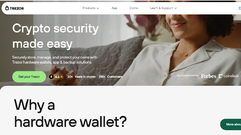 Анонимен крипто портфейл Trezor с изисквания no-KYC.
